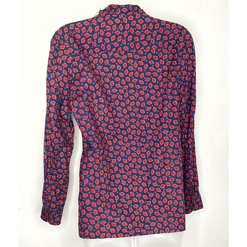 Vintage Top Lace Collar Paisley Print S Long Puff Sleeves Blue Red Button Up Y2K - Picture 2 of 12